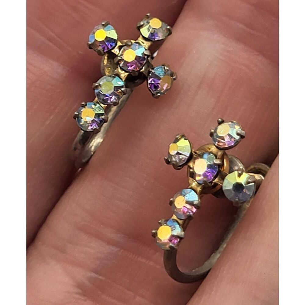 Vintage 50s AB Crystal Cross Screw Back Earrings 1/2 in